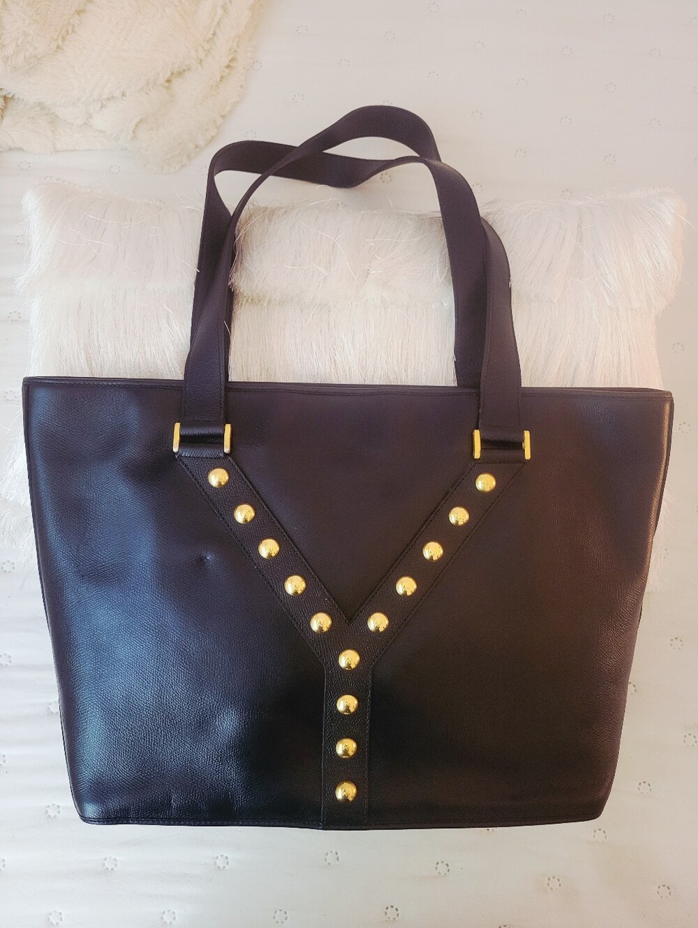 Vintage YSL Black Studded Y Ligne Leather Tote Bag w/ COA &Free YSL BEAUTY POUCH - Picture 3 of 14